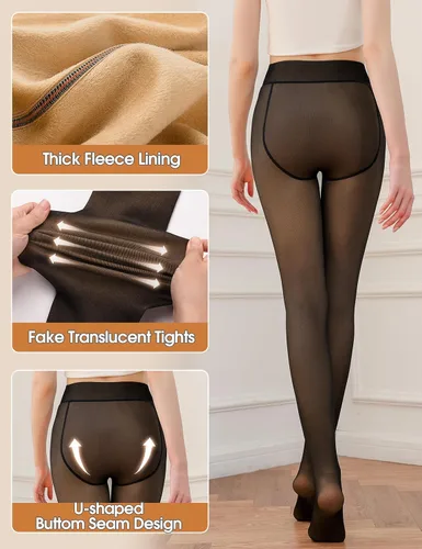 Vista 7 de Yusongirl Mallas con forro polar para mujer, medias translúcidas falsas, cálidas para invierno, leggings térmicos de cintura alta con pies