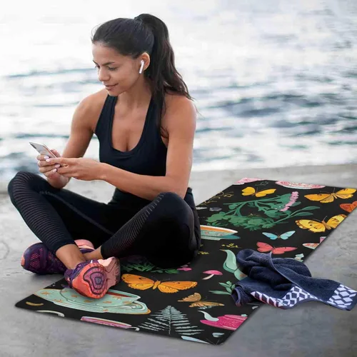 Vista 6 de Juego de té vintage con patrón de esterilla de yoga fina con bolsa incluida, tapete de entrenamiento de fitness antideslizante, tapete de yoga