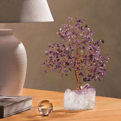 Vista 4 de KARMA AND LUCK Árbol de la vida de Feng Shui con base de cristal blanco Home D cor, hecho a mano en Bali, mediano 8 (amatista)