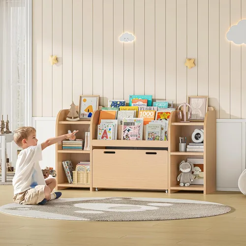 Vista 8 de ONBRILL Estantería para niños con rincón de lectura, organizador de almacenamiento de juguetes de 55.2 pulgadas, 6 cubos de almacenamiento