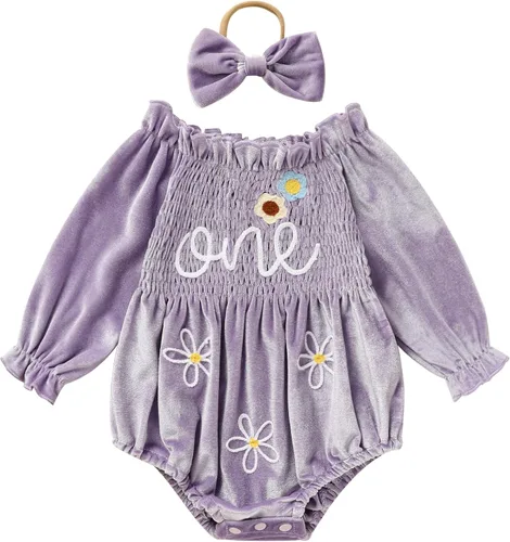 Vista 29 de GRNSHTS Ropa de primer cumpleaños para niña de terciopelo de un año de edad, mameluco de manga larga + diadema, 2 piezas de trajes de pastel