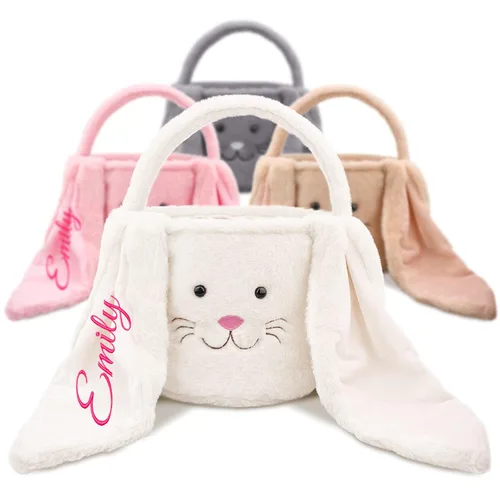 Vista 8 de Cesta de Pascua de felpa con nombre personalizado para niños, cesta de Pascua de conejo peludo con orejas largas para niños y niñas, cesta de caza