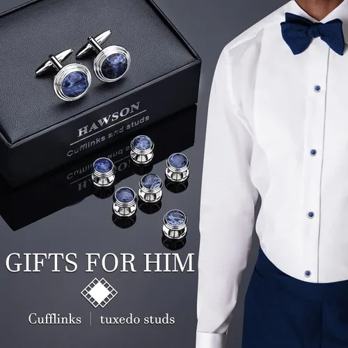 Vista 3 de Cufflinks and Tuxedo Studs Set with Gift Box, Silver and Gold Tone Cuff Links for Men's Shirt Wedding Business