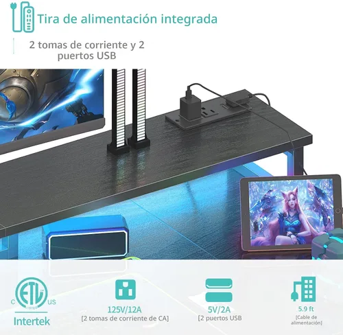 Vista 7 de Lufeiya - Escritorio para juegos con luces LED y estantes de almacenamiento, escritorio de computadora de 47 pulgadas con enchufes de corriente