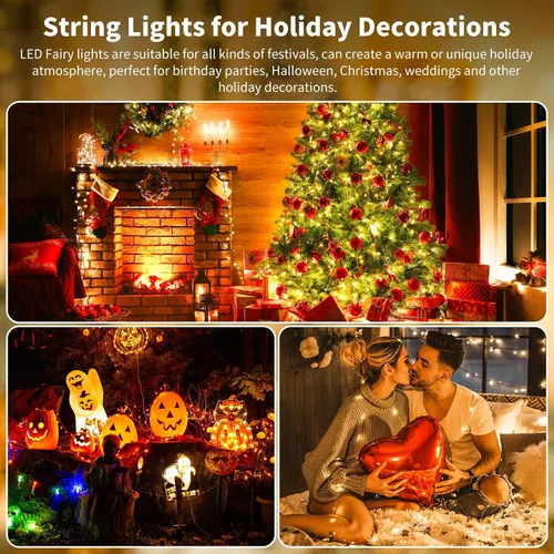 Vista 6 de Guirnalda de luces a pilas con temporizador de control remoto, 33 pies, 100 luces LED, impermeables, 8 modos, alambre de cobre, luces blancas Blanco