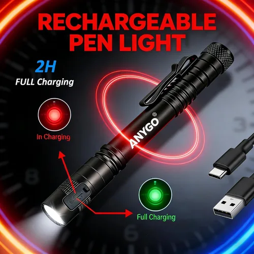 Vista 3 de Linterna recargable para bolígrafo, linterna de bolsillo USB-C de 300 lúmenes con clip 2Mode Mini Flashlight For Inspection, Work, Repair, Small
