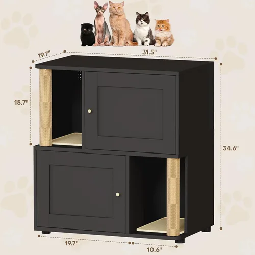 Vista 7 de Caja de arena para gatos para 2 gatos, armario de metal oculto doble con poste rascador para gatos, muebles grandes para baño de mascotas, mesa