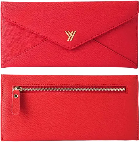 Vista 4 de YBONNE Cartera larga RFID que bloquea el bolso del sobre de las mujeres, hecho de cuero Saffiano (rojo)