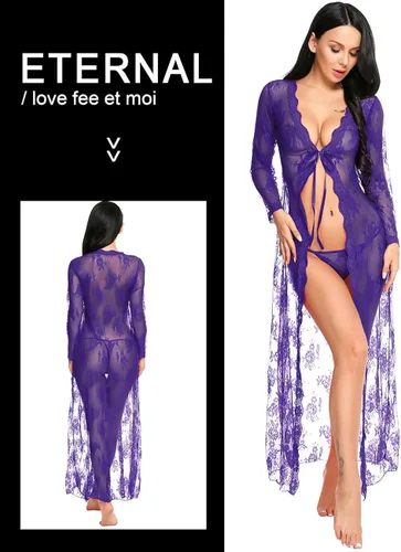 Vista 3 de Lencería para mujer sexy, largo vestido de encaje transparente vestido transparente de bata Kimono