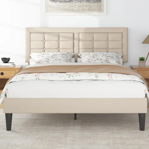 Vista 31 de VECELO Base de cama tamaño matrimonial, cabecera tapizada ajustable con botones, marco de cama resistente con soporte de listones de madera,