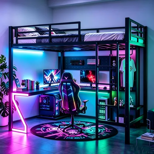 Vista 2 de Bellemave Cama loft para juegos de tamaño matrimonial con escritorio en forma de L, bandeja de computadora, tablero de clavijas y puertos USB, marco