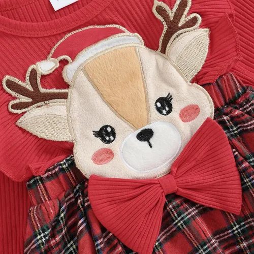 Vista 5 de Douhoow Conjunto de traje de Navidad a cuadros para bebé recién nacida, camiseta de manga larga, pantalones cortos con tirantes y diadema, 3