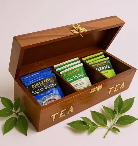 Vista 3 de Caja de té de palisandro hecha a mano, organizador de bolsas de té de 3 compartimentos, baúl de almacenamiento decorativo de madera natural