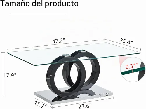 Vista 2 de Mesa de centro de cristal para sala de estar, mesa moderna de vidrio templado y patas de MDF, pequeña mesa de centro moderna (negro, estilo 1)