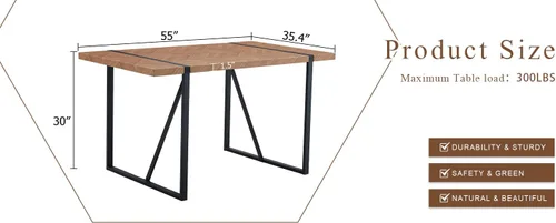 Vista 7 de Una mesa de comedor rectangular retro minimalista con una parte superior especialmente texturizada y patas de metal negro. Mesa de madera