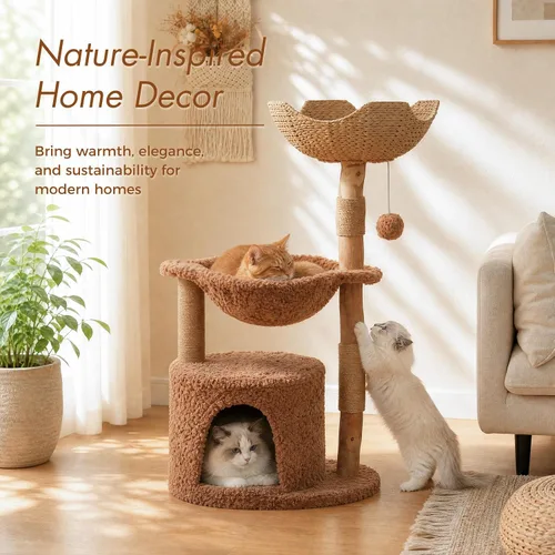 Vista 7 de PAWZ Road Árbol moderno para gatos con poste rascador de madera maciza natural, torre para gatos de 40 pulgadas con cesta de mimbre grande, hamaca