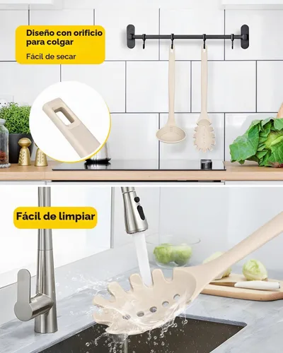 Vista 6 de BUNDLEPRO Juego de cucharón de sopa de silicona y cuchara para pasta, una Caqui
