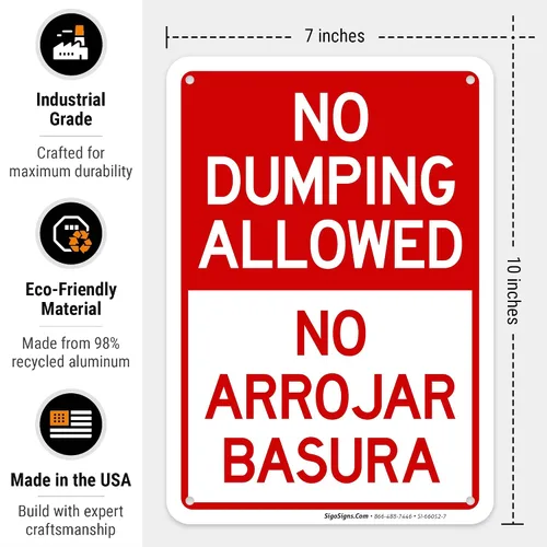 Vista 3 de No se permite el dumping No Arrojar Basura Bilingüe Sign, 10 x 7 pulgadas, aluminio 040 libre de óxido, fabricado en Estados Unidos por Sigo Signs
