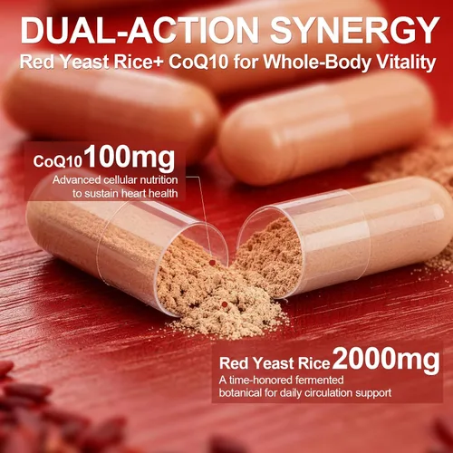 Vista 2 de Arroz de levadura roja de 2000 mg con CoQ10 100 mg - Suplemento de salud cardíaca sin citrinina con bergamota cítrica y espino - Apoya niveles