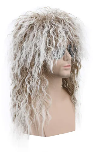 Vista 2 de karlery Peluca larga rizada de color marrón degradado blanco para hombres y mujeres, de los años 70 y 80 Rocker Mullet para fiesta, divertida