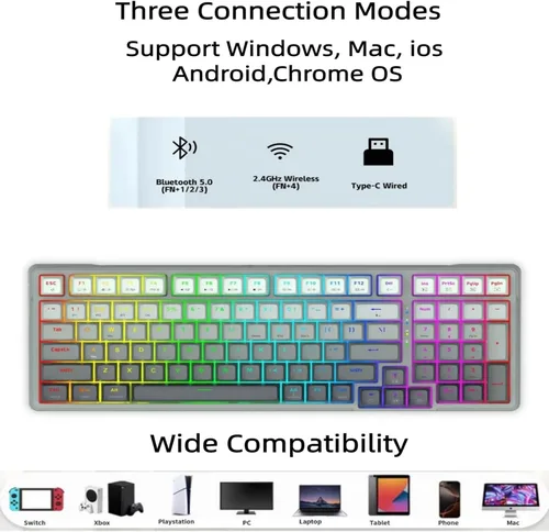 Vista 2 de E-YOOSO - Teclado mecánico inalámbrico Bluetooth, 99 teclas, color gris degradado Wired Gaming Keyboard RGB Backlit, Hot Swappable Pre-lubed