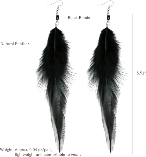 Vista 5 de RUOFFETA Aretes largos de plumas para mujer, aretes bohemios bohemios, multicolor, aretes de plumas hechos a mano para mujer
