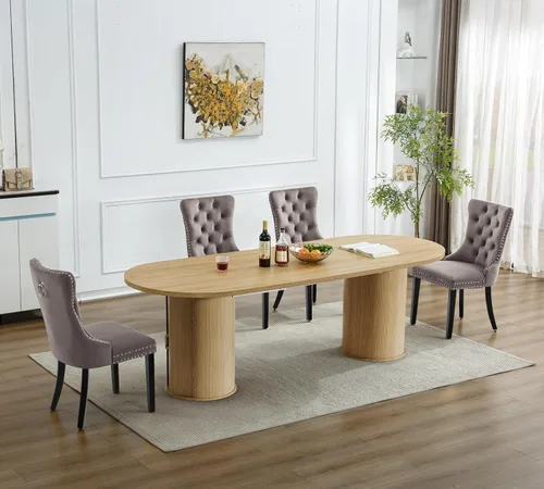 Vista 6 de Mesa de comedor extensible de madera de 63 a 94 pulgadas para 6-8-10 personas, mesa de cocina ovalada expandible con base de gabinete acanalada Mesa