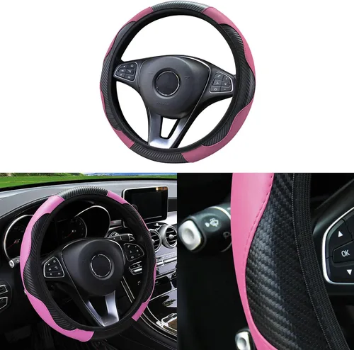 Vista 10 de Funda de volante de coche, 38 cm, de fibra de carbono, de microfibra, de PU, de cuero elástico, protector de volante antideslizante y transpirable