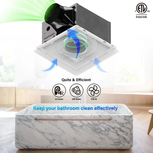 Vista 3 de 80CFM - Extractor de ventilación de baño con rejilla: ventilador de ducha de montaje en techo de 20W, 120V, blanco, clasificado para zonas húmedas