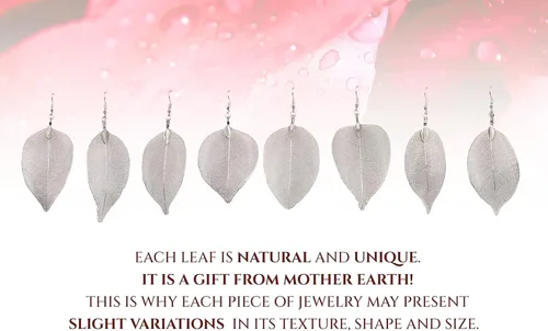 Vista 21 de Joyas de hoja de oro rosa y plata para mujer. Pendientes de hoja natural y collares circulares colgantes. Elegantes conjuntos de joyas colgantes.