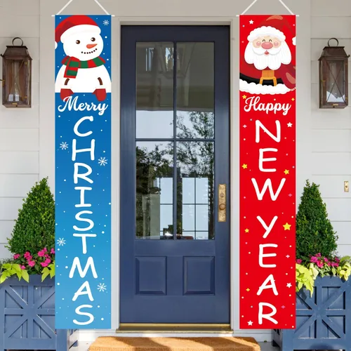 Vista 7 de Decoraciones de Navidad Feliz Año Nuevo Decoraciones Feliz Navidad Muñeco de Nieve Santa Claus Banner de Navidad Cartel de Porche de Puerta