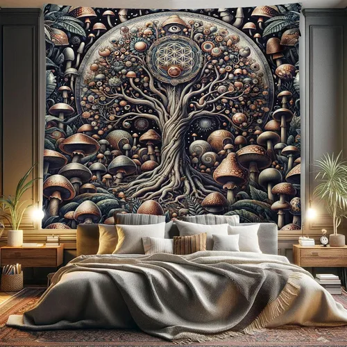 Vista 30 de Ambesonne Tapiz hippie, abrazo de hongos de ensueño y árbol de la vida místico y mandal verde, decoración de tela para colgar en la pared
