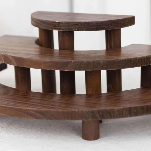 Vista 5 de Efavormart - Juego de 3 pedestales de postre semicírculo de madera marrón rústica de 3 niveles, elevadores de exhibición de cupcakes de media luna
