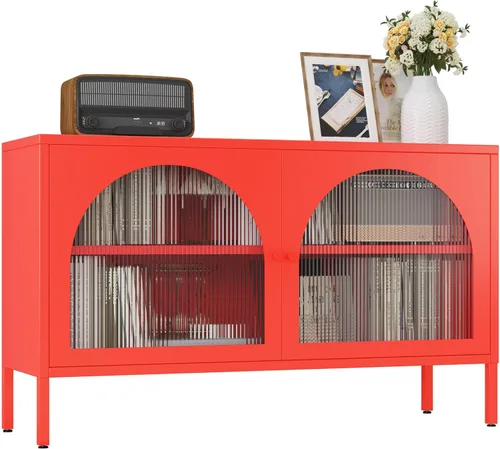 Vista 13 de Gabinete de almacenamiento de metal, soporte de TV de 2 puertas, armario decorativo con puertas y estante ajustable, armario de metal, mesita