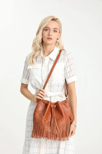 Vista 2 de Bolsos de cuero para mujer, bolsos cruzados con cordón para mujer, borla y bolsos de hombro