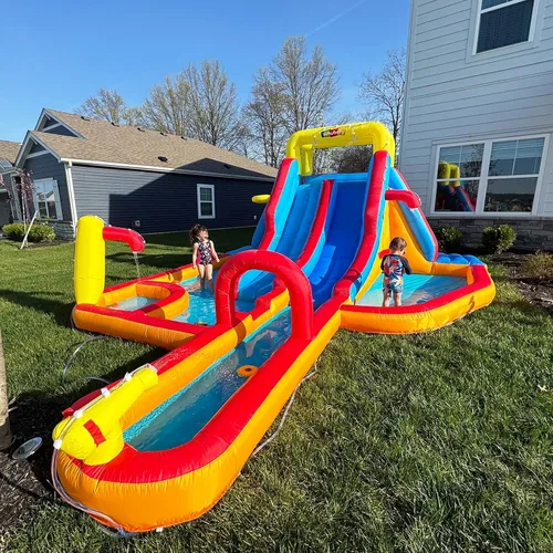 Vista 2 de Mega parque inflable de toboganes de agua, gran casa de rebote para niños de 5 a 12 años, tobogán acuático con pared de escalada, dos toboganes