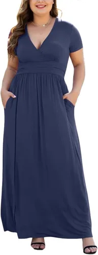 Vista 7 de Maxi vestido casual para mujer, diseño de manga corta con cuello en V y bolsillos, tallas L-5XL A01-negro