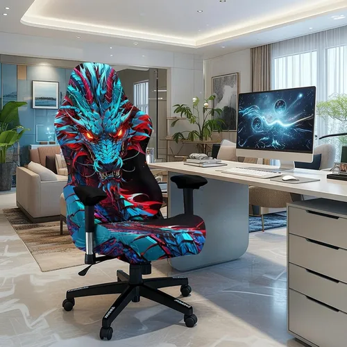 Vista 5 de Blacklight - Funda para silla de juegos – Funda para silla de juegos electrónicos de dragón neón reactivo a los rayos UV, protector de silla
