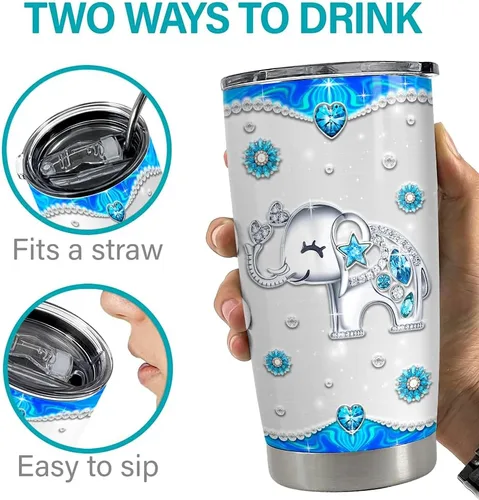 Vista 7 de SANDJEST Vaso de elefante personalizado de 20 onzas y 30 onzas con tapa, taza de viaje para café, taza para mujeres y niñas, diseño de elefante