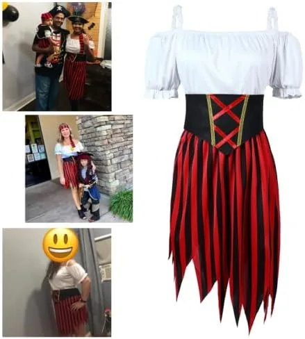 Vista 2 de Wizland Disfraz de pirata para mujer, disfraz de pirata, vestido de estilo modesto con cinturón y tocado