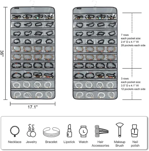 Vista 2 de Organizador de joyas colgante de 80 bolsillos para guardar joyas, soporte de exhibición de accesorios de doble cara para aretes, pulseras y anillos