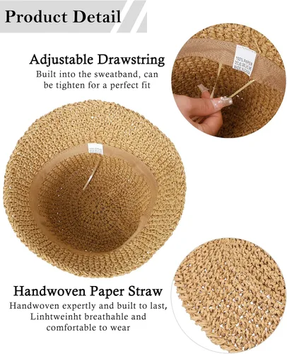 Vista 3 de Sombrero de sol para mujer, hecho a mano, con paja, protección UV, para viajes, verano, playa Caqui