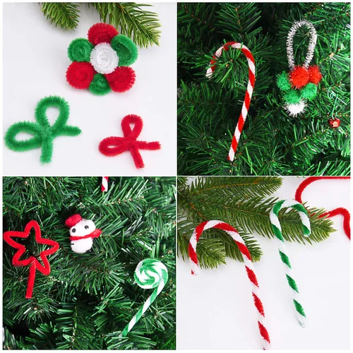 Vista 6 de Juego de tallos de limpieza de felpilla de pipa de Navidad, pompones para manualidades, suministros de decoración autoadhesivos