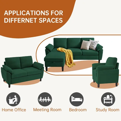 Vista 5 de Juego de sofás modulares de 3 piezas, sofás de 3 plazas en forma de L y sofá biplaza con sillón y otomana de almacenamiento para sala de estar Verde