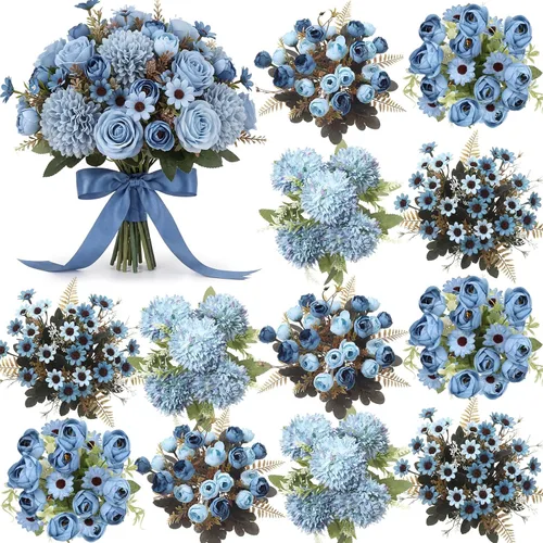 Vista 9 de Zeyune 24 paquetes de flores artificiales azules a granel ramo de seda