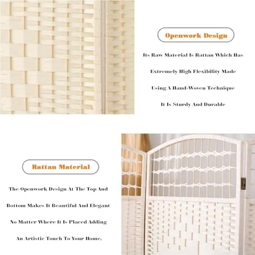 Vista 3 de Tall White Rattan Room Divider, Foldable Privacy Screen, Space-Saving Partition, 60/80/100/120cm High, 4 Panels (100x40cm) - Stylish Home Decor