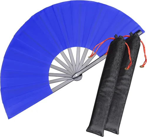 Vista 12 de Paquete de 2 ventiladores de mano plegables grandes, ventilador chino negro de Kung Fu Tai Chi, abanicos de tela de nailon para hombres y mujeres