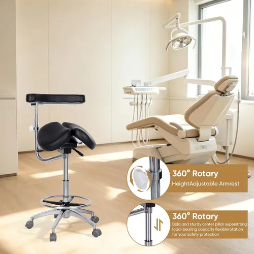 Vista 3 de Taburete redondo con ruedas y asientos divididos y reposapiés Silla dental con reposabrazos giratorios para dentista, oficina, tienda en casa