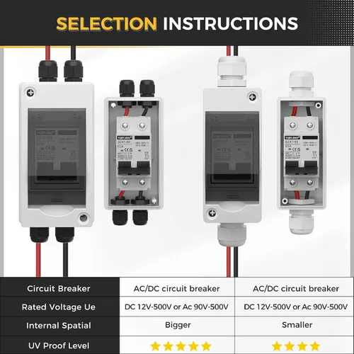 Vista 104 de Interruptor de desconexión de panel solar CC 20 Amp AC Caja de interruptor de circuito en miniatura 500V 2 polos con caja IP65 impermeable a prueba