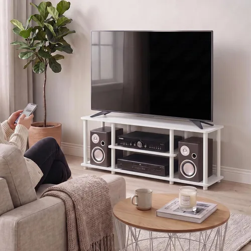 Vista 3 de Furinno Turn-N-Tube - Soporte de TV de 3 niveles sin herramientas, color Blanco/Blanco